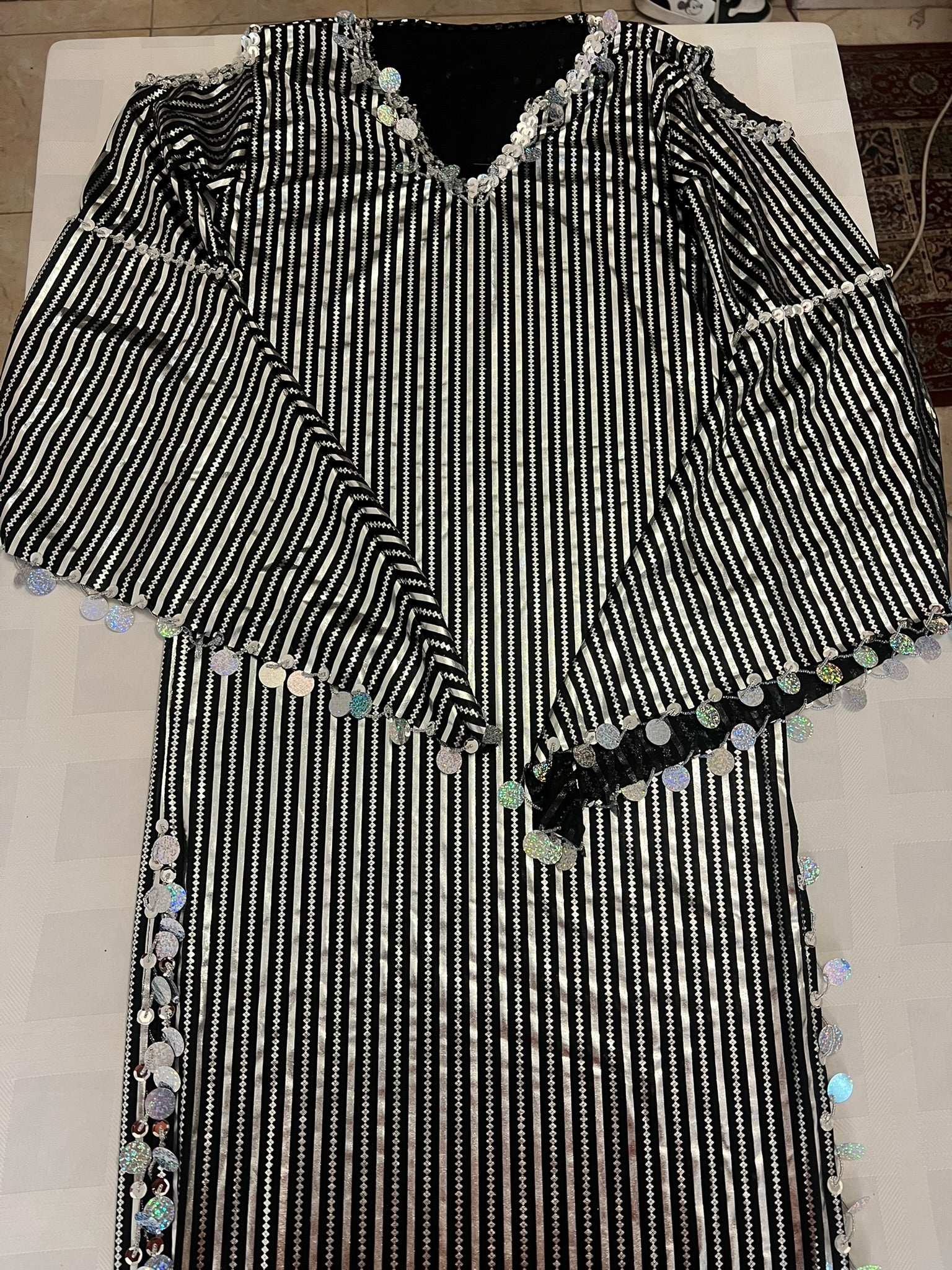 Egyptian belly dance striped dress, Saidi dancing Galabia, handmade dance outfit / Black and silver
