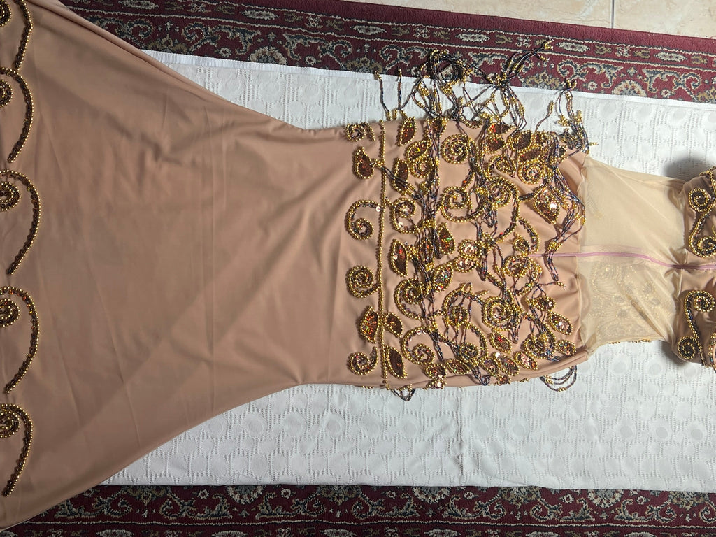 Back side view of Beige evening gown with gold embroidery on a white surface