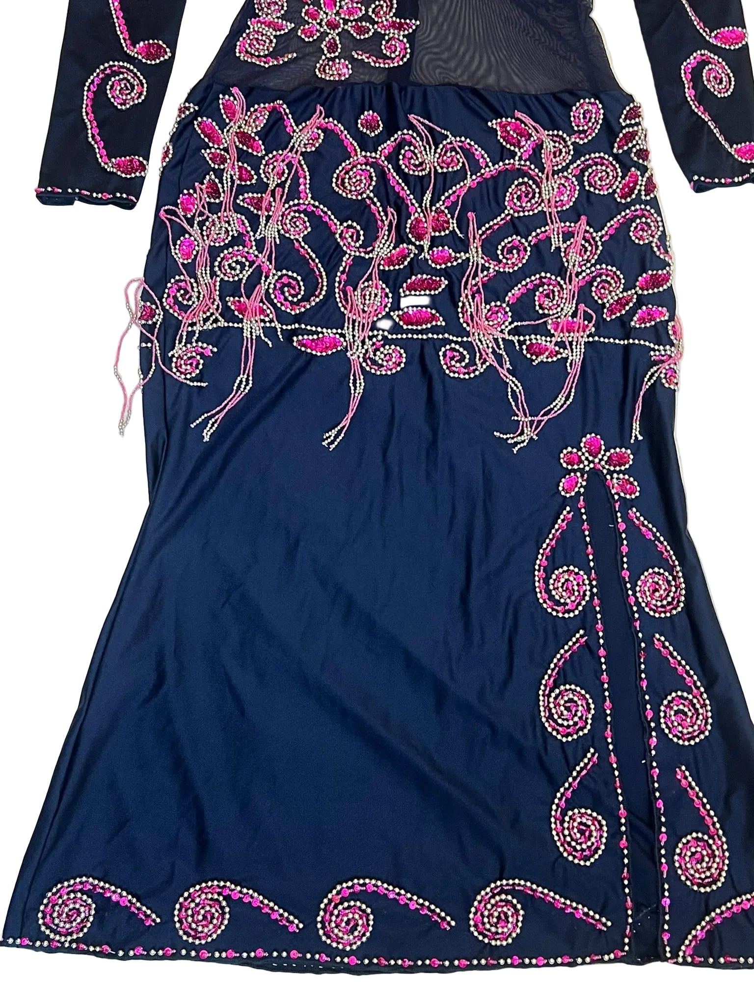 Navy blue dress with pink floral embroidery on a white background