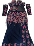 Navy dark blue dress with pink embroidery on a white background