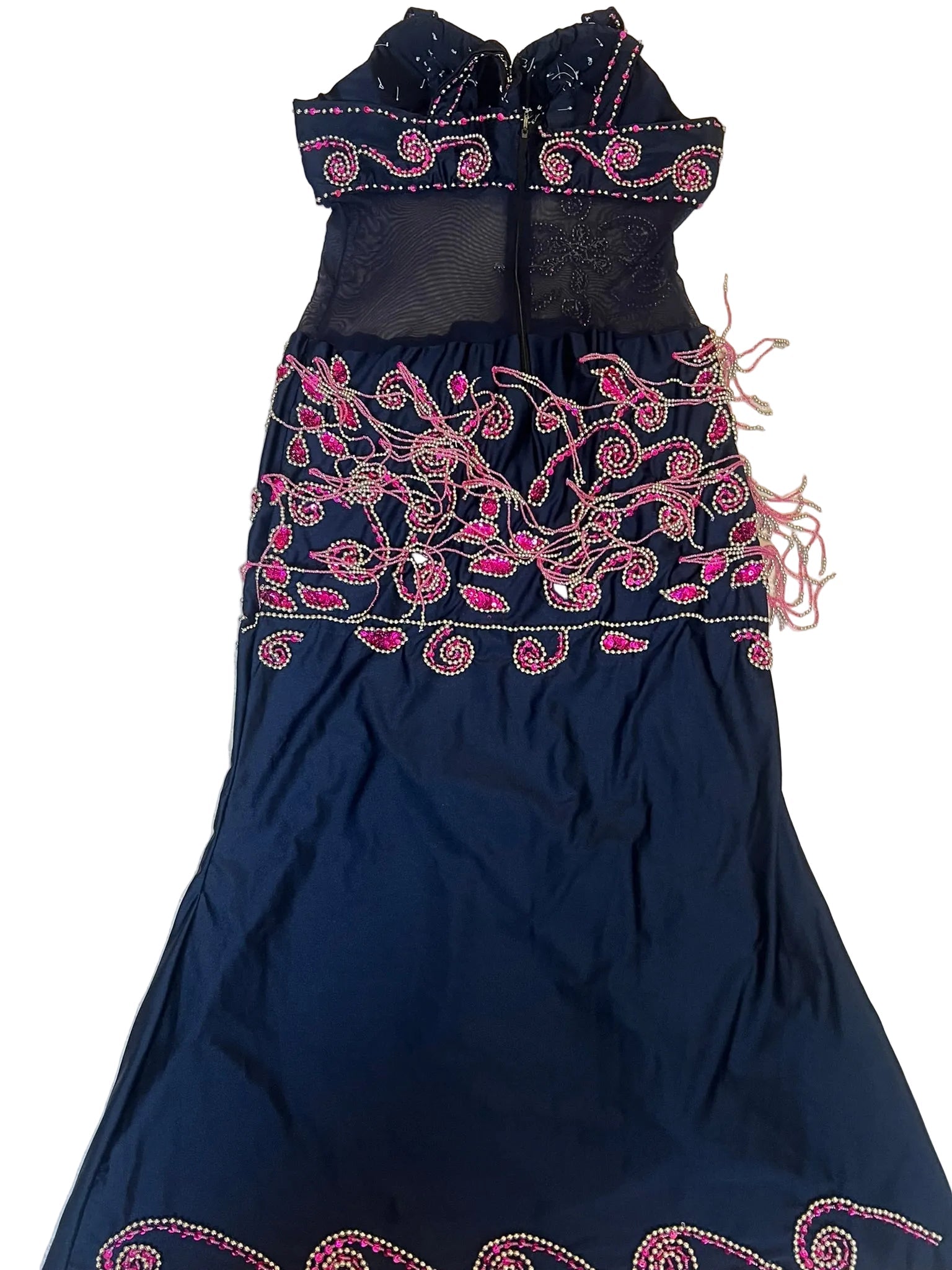 Back view of Navy Blue belly dance dress with pink embroidery on a light White surface