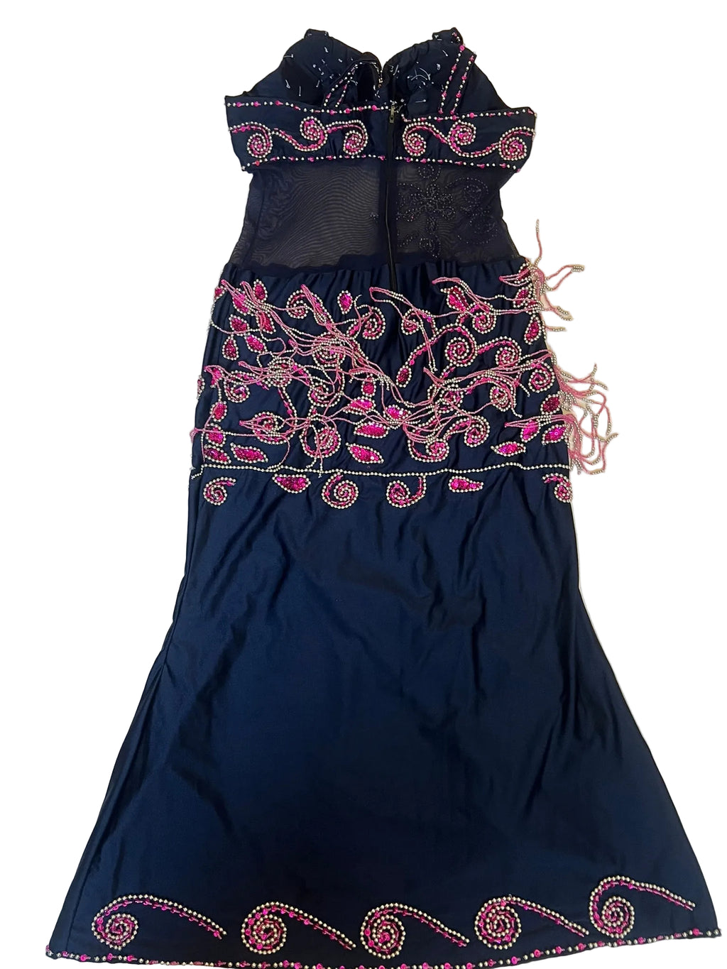 Back view of Navy Blue belly dance dress with pink embroidery on a light White surface