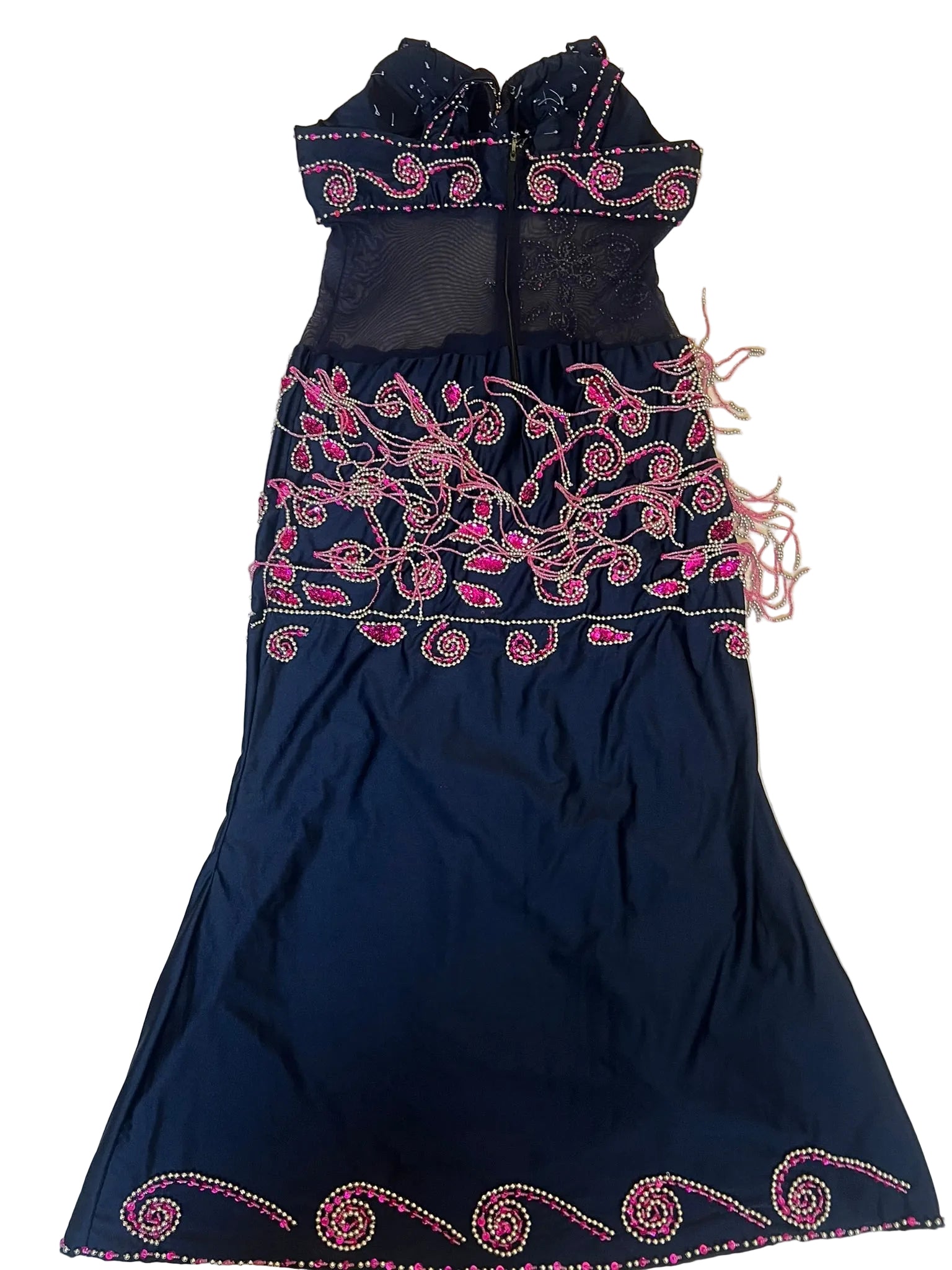 Back view of Navy Blue belly dance dress with pink embroidery on a light White surface
