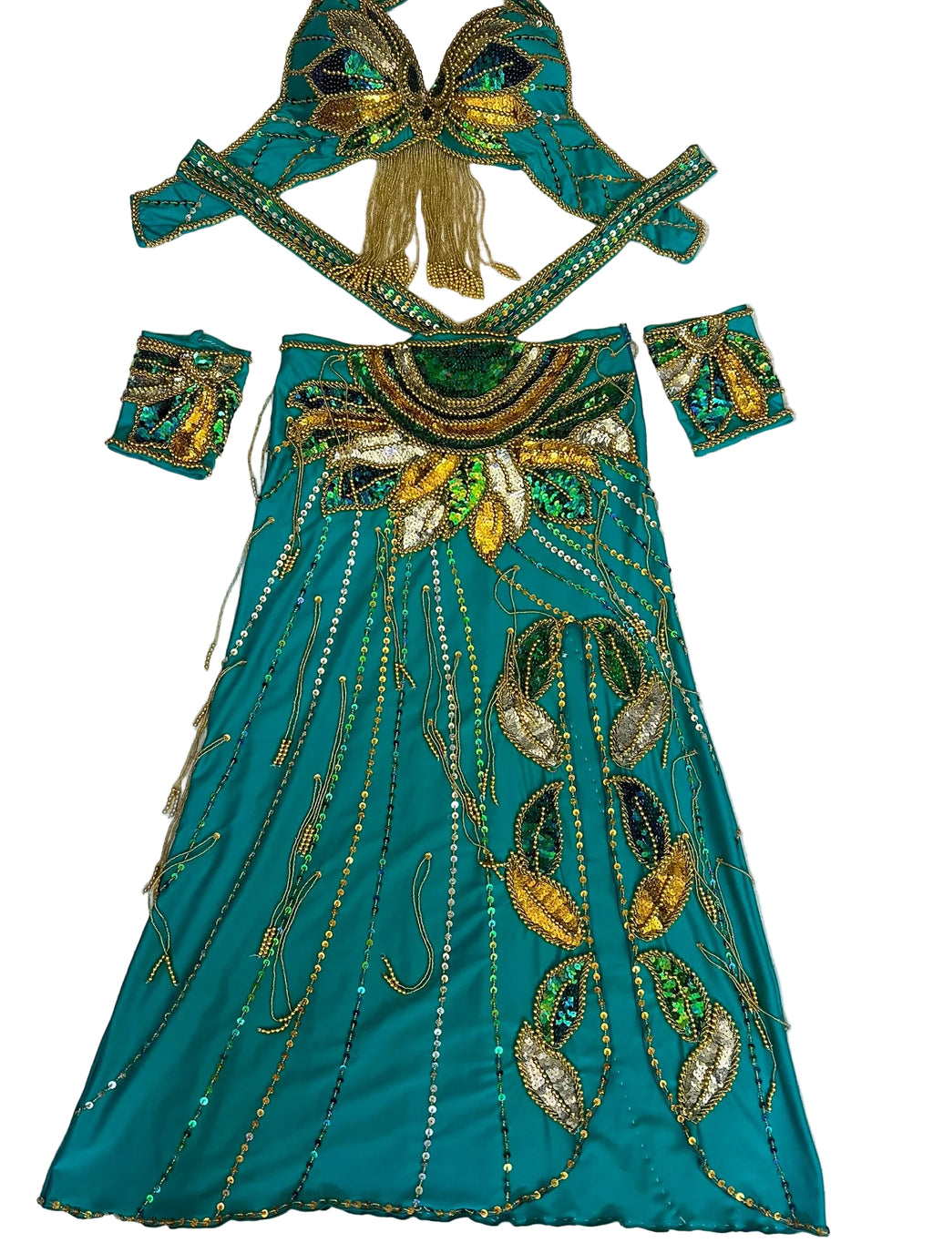 Teal embroidered outfit with gold and green details on a white background