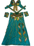 Teal embroidered outfit with gold and green details on a white background