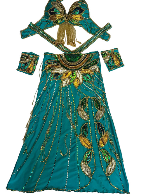 Teal embroidered outfit with gold and green details on a white background