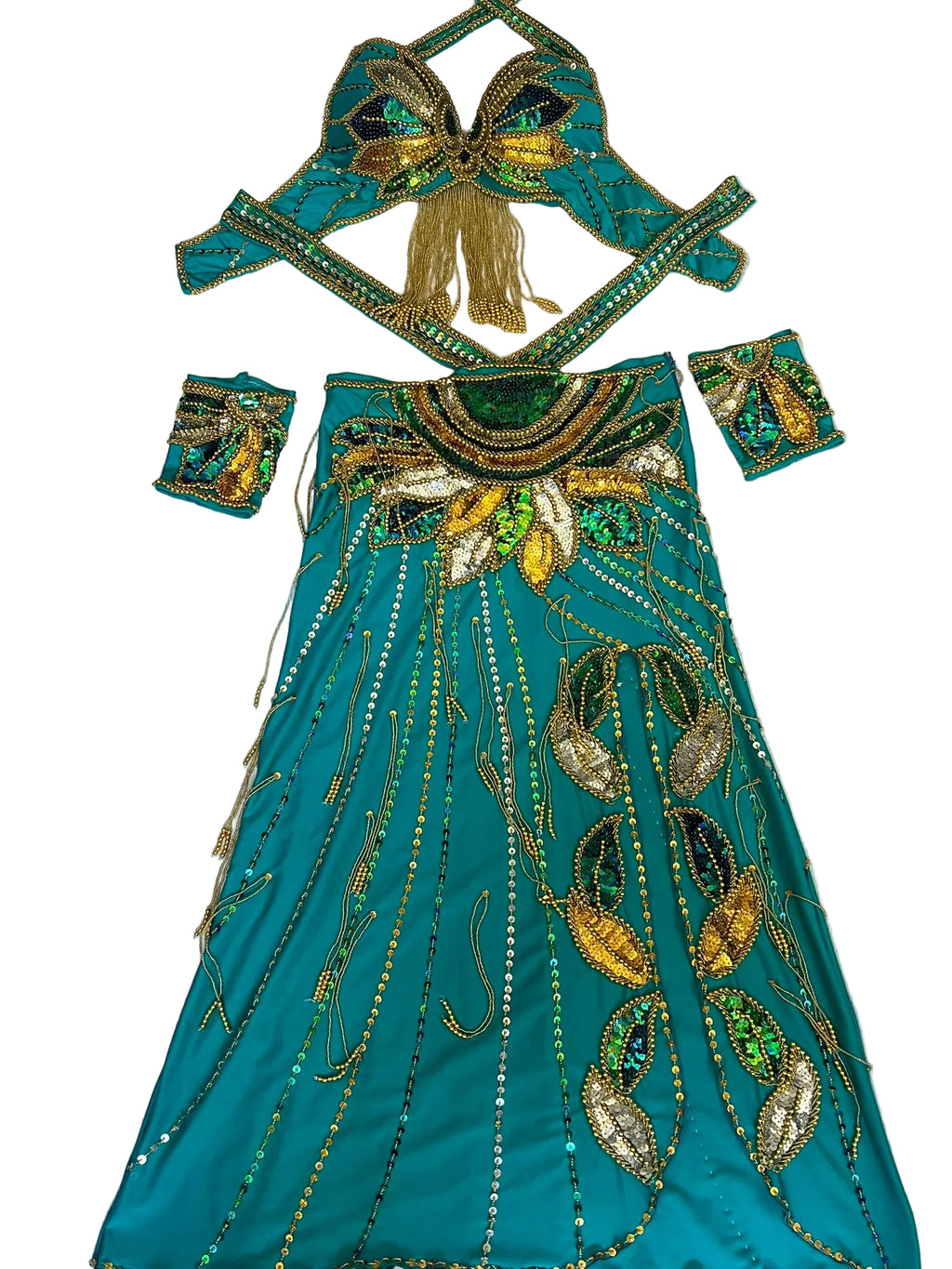 Teal embroidered fabric with gold and green patterns on a white background