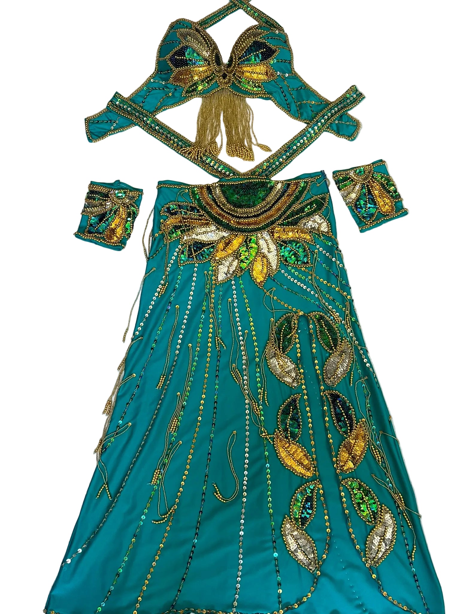 Teal embroidered fabric with gold and green patterns on a white background