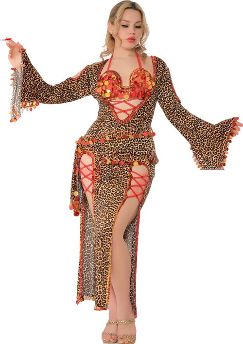 A model wearing an Egyptian belly dance dress with leopard print and a bra, featuring a flowing design and colorful embellishments.