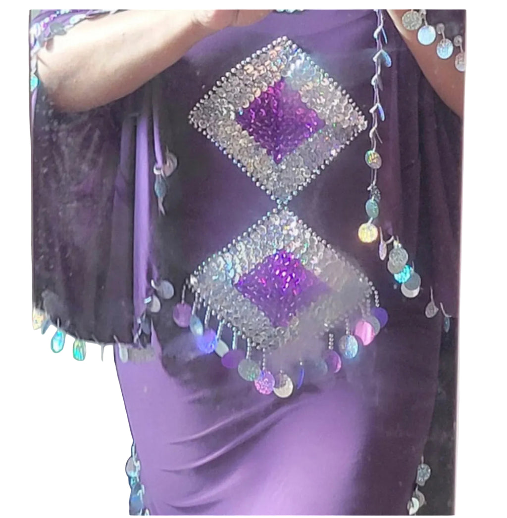 Purple belly dance outfit with diamond-shaped embellishments and hanging beads on a plain background