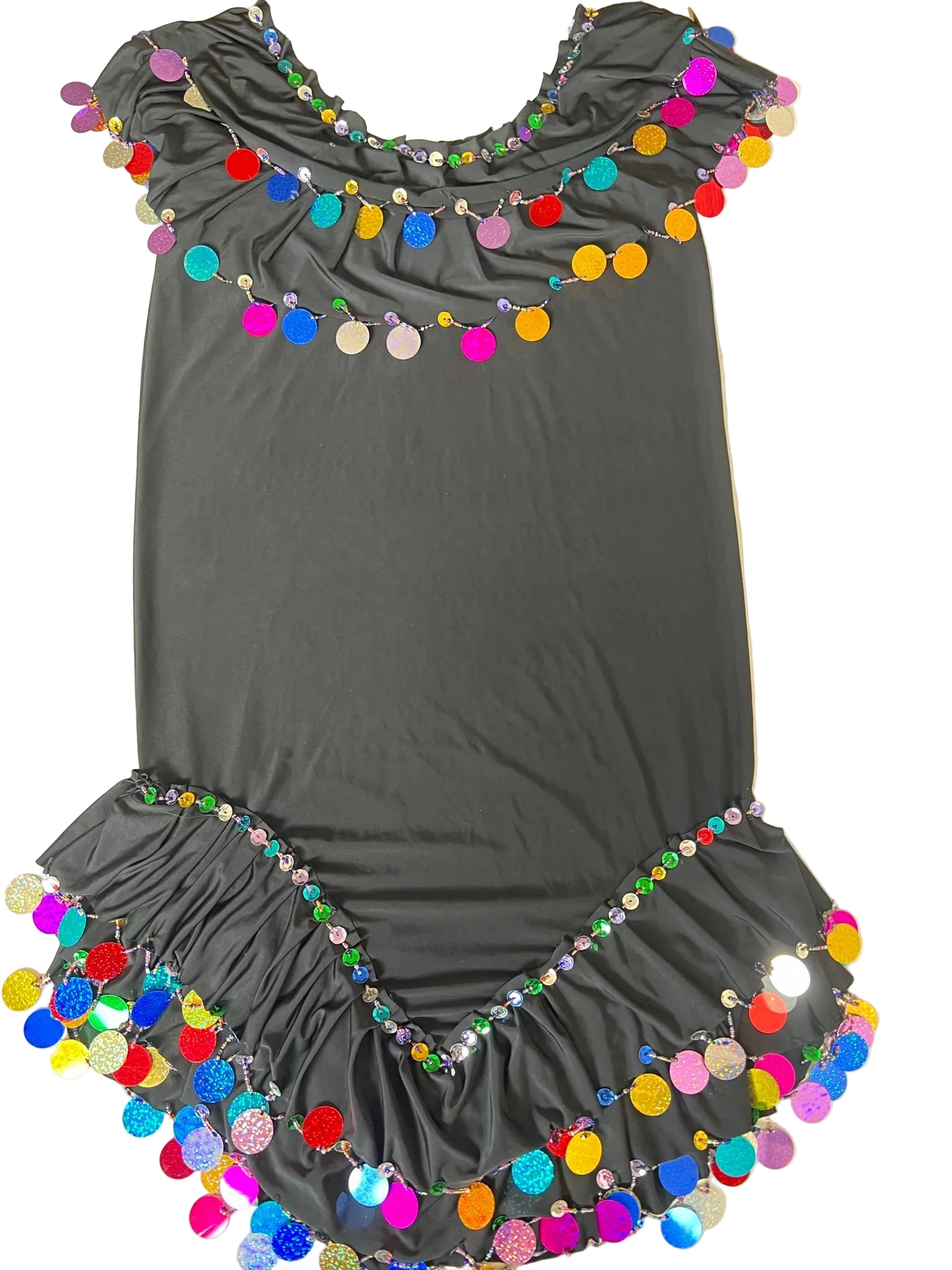A black belly dance dress with multicolored handmade embroidery and rhinestones, displayed on a flat surface.
