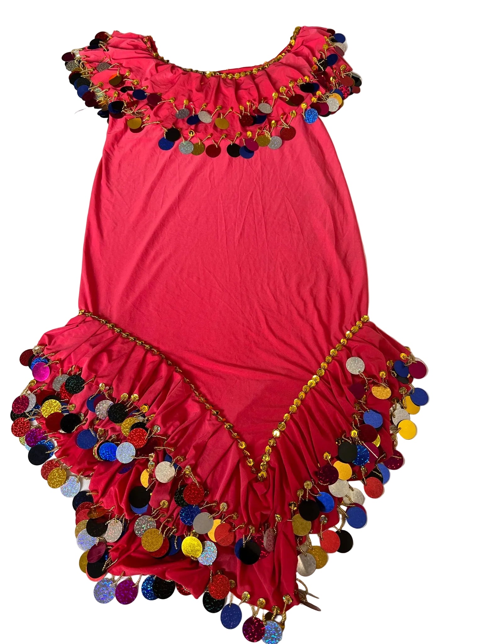 Pink dress with colorful pom-pom details on a white background