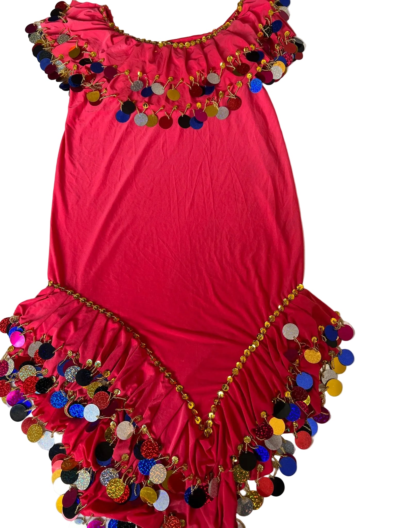 Red dress with colorful pom-pom trim on a white background