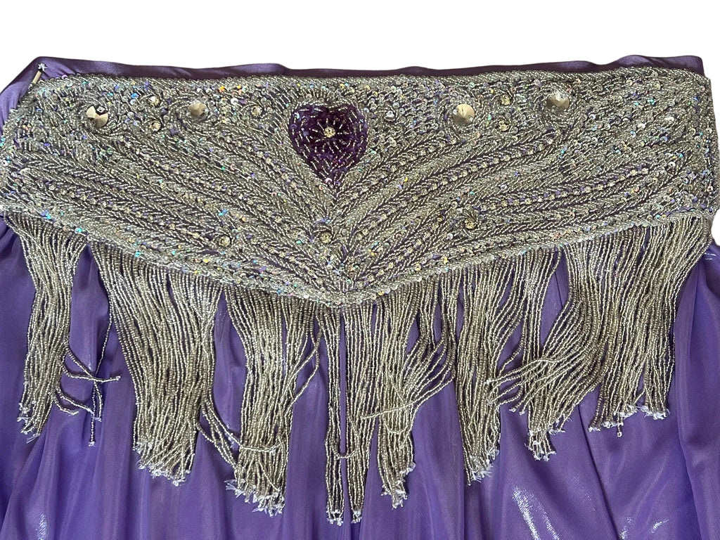 Decorative Dance belt with fringe and beading attached to purple chiffon skirt