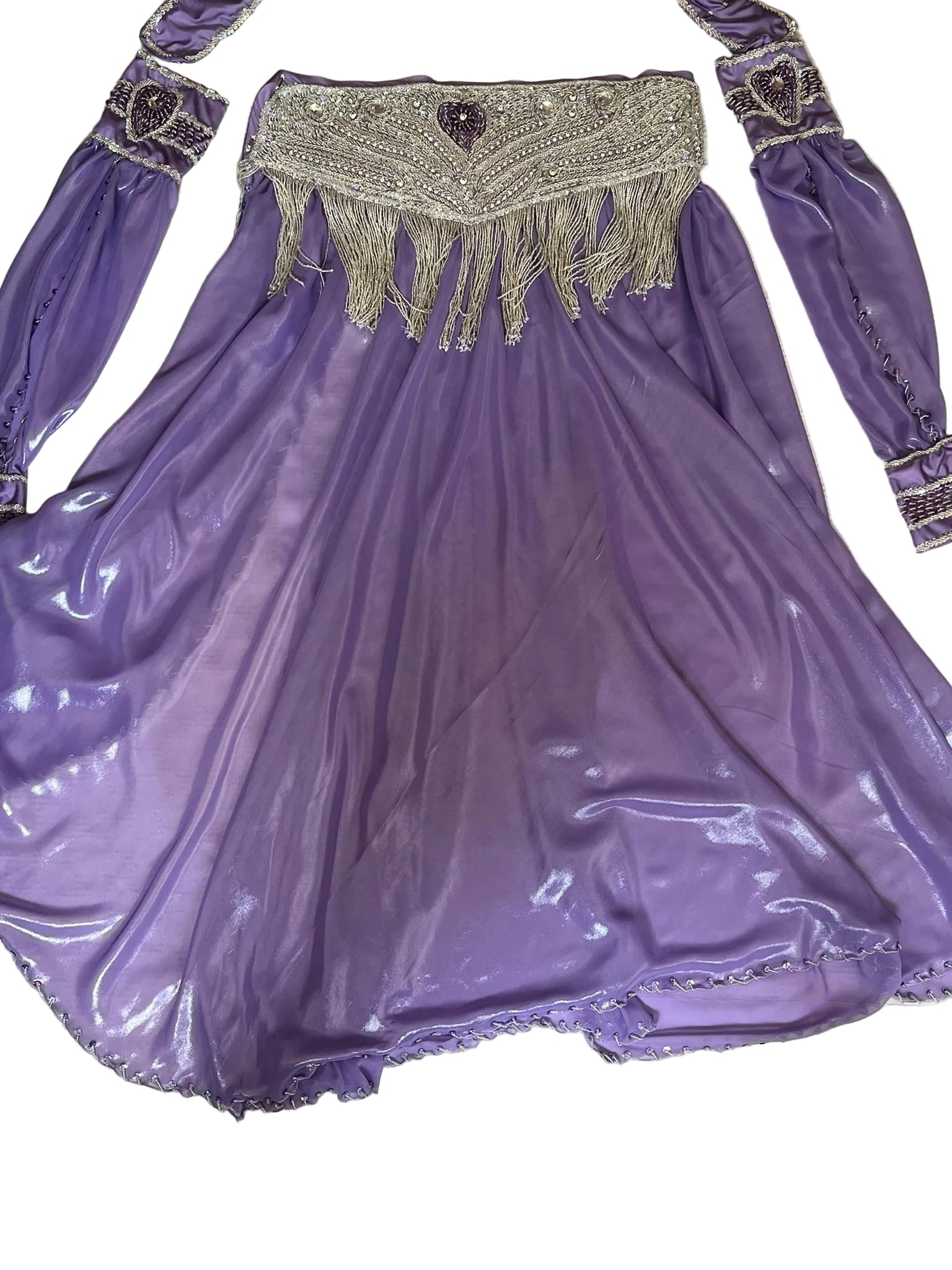 Purple dress with intricate beading and fringes on a light background