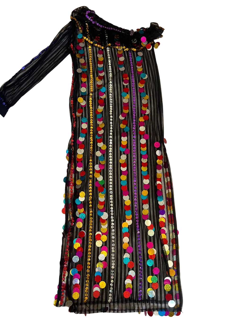 Black dress with colorful pom-pom details on a white surface