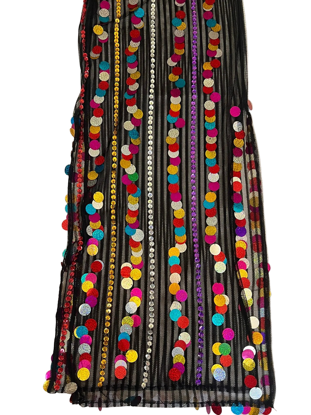 Black fabric with colorful pom-pom trim on a light background