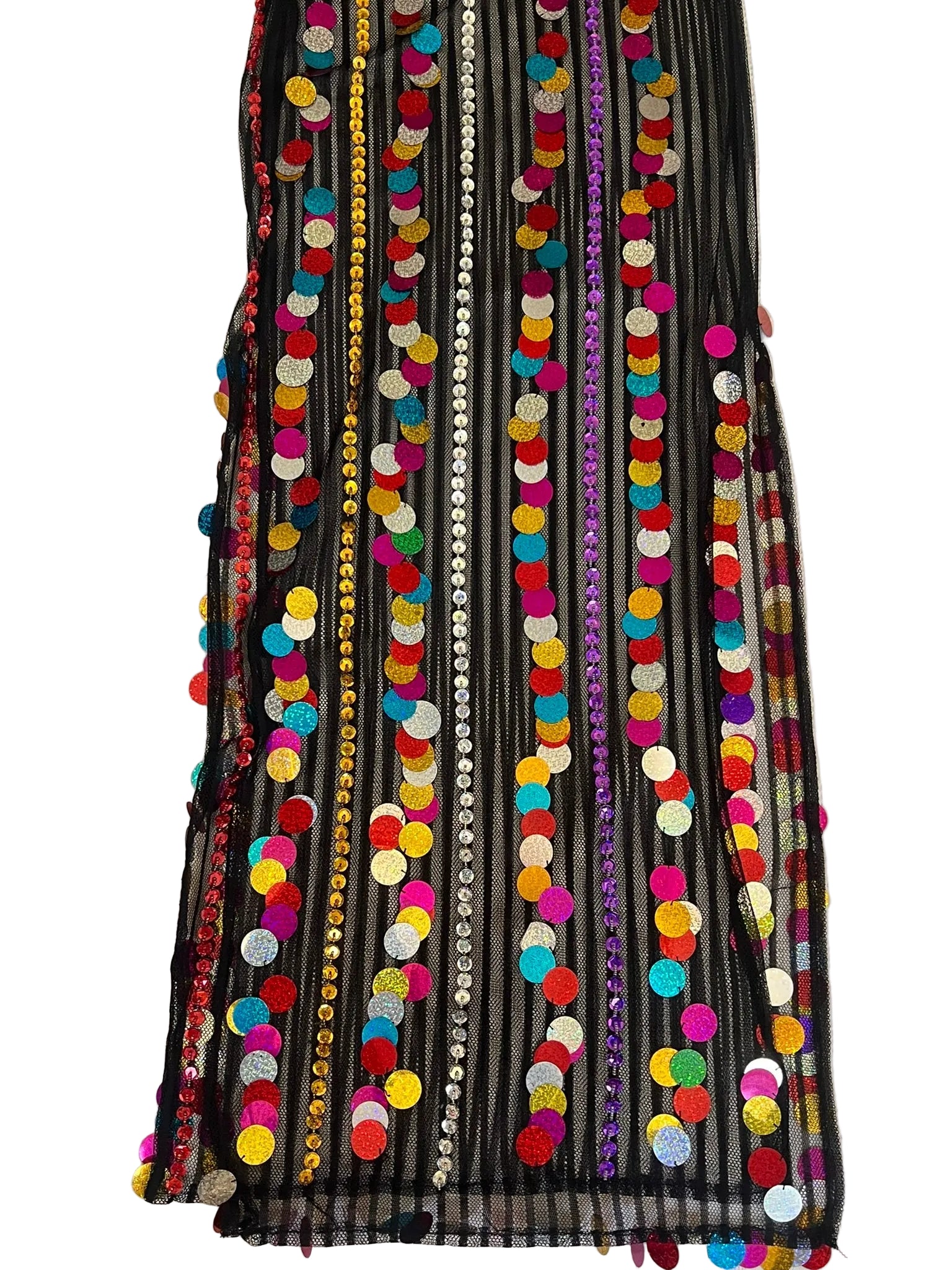 Black fabric with colorful pom-pom trim on a light background