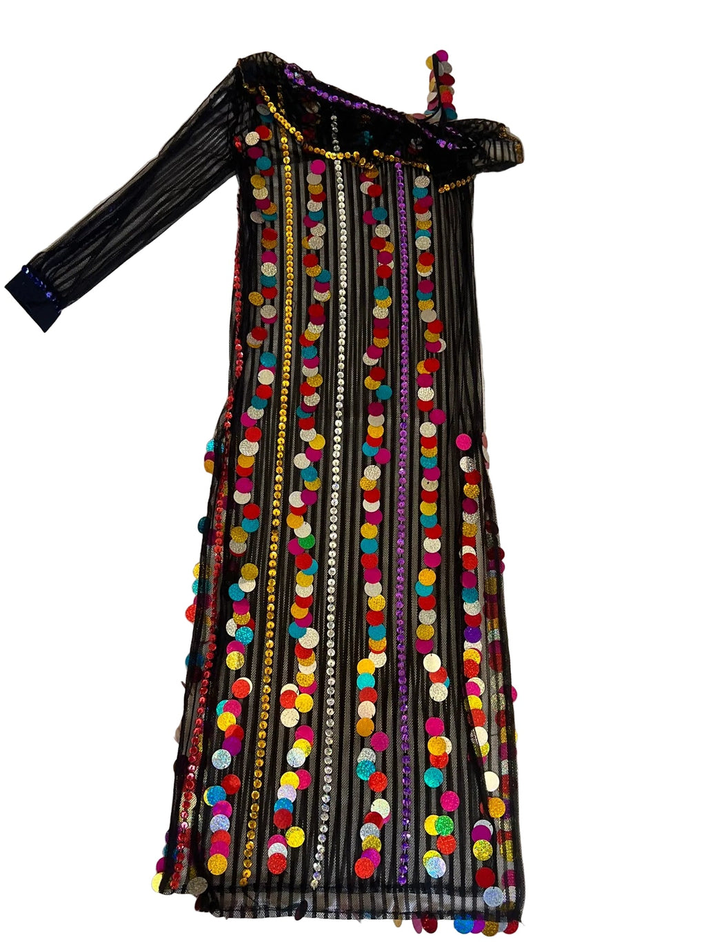 Colorful dance dress with pom-pom details on a white fabric background