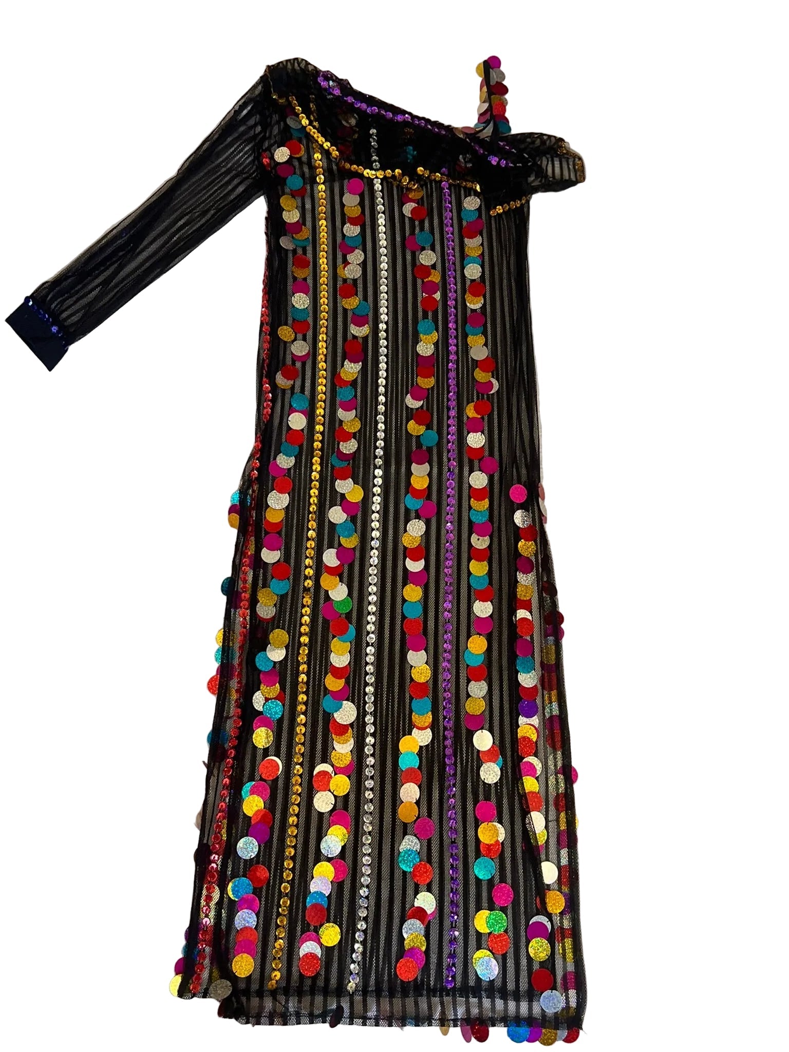 Colorful dance dress with pom-pom details on a white fabric background