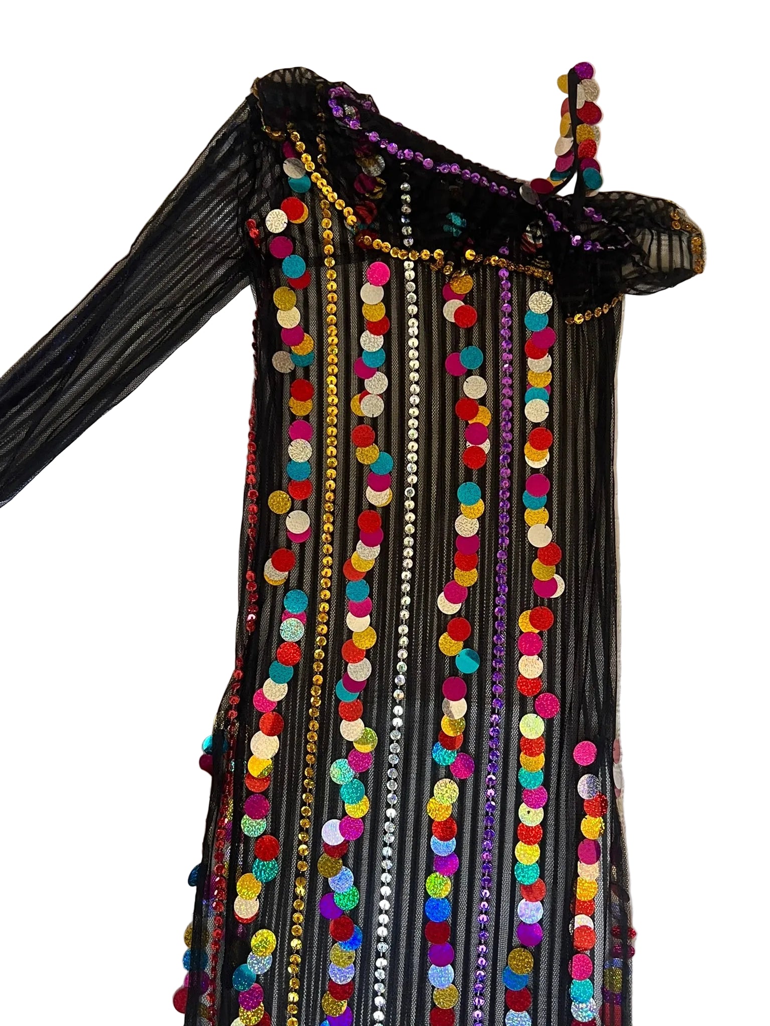 Decorative belt with colorful sequins on a light fabric background