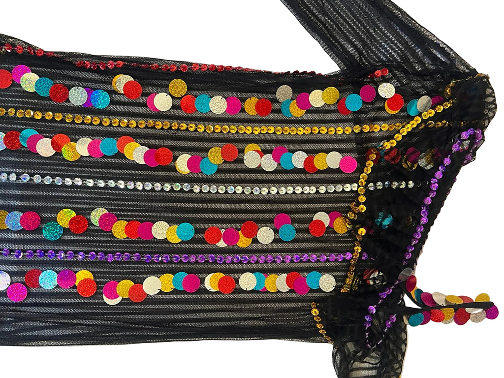 Upper part of Black fabric dance dress with colorful sequin embellishments on a white background
