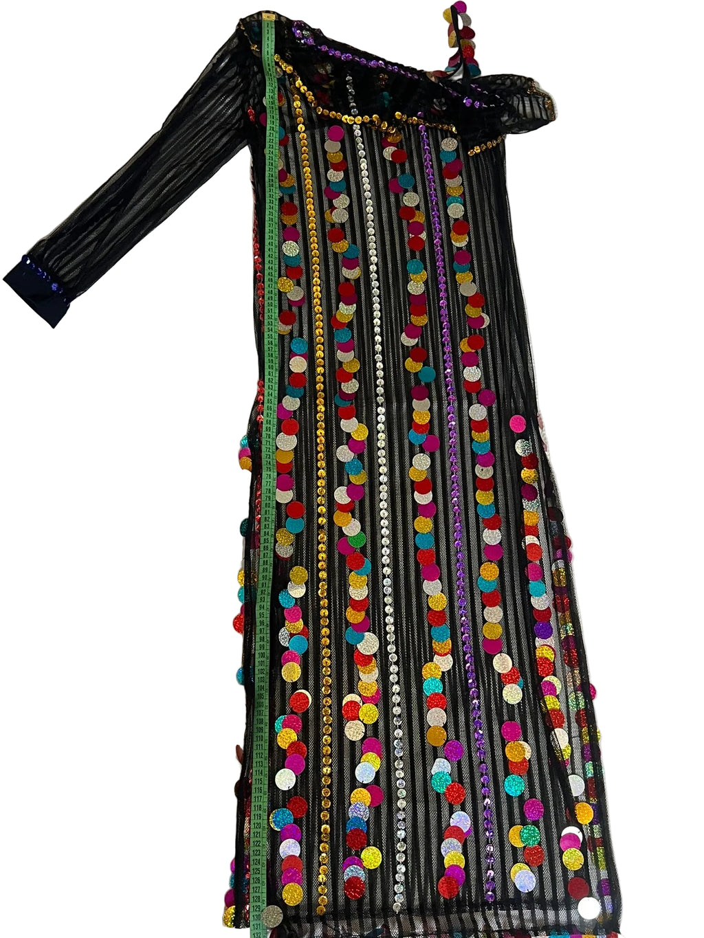 Colorful embroidered dress with intricate patterns on a white surface