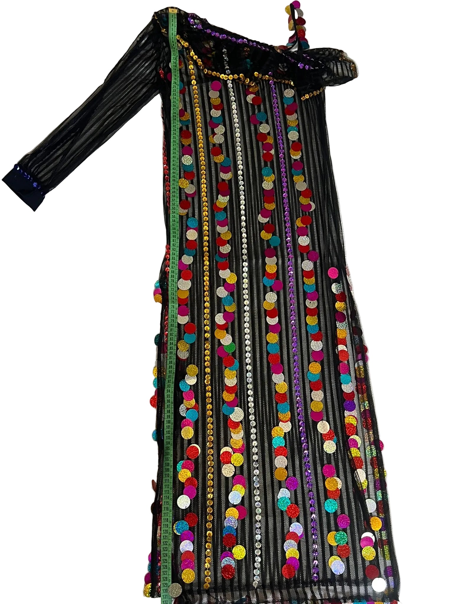 Colorful embroidered dress with intricate patterns on a white surface