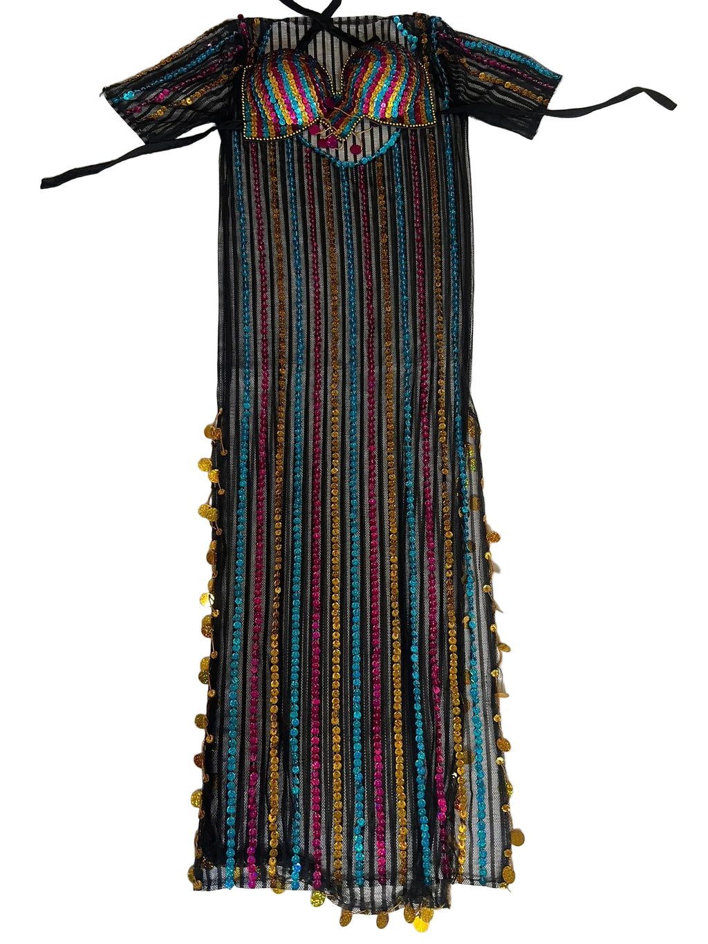 Colorful striped dress with a patterned top on a white fabric background