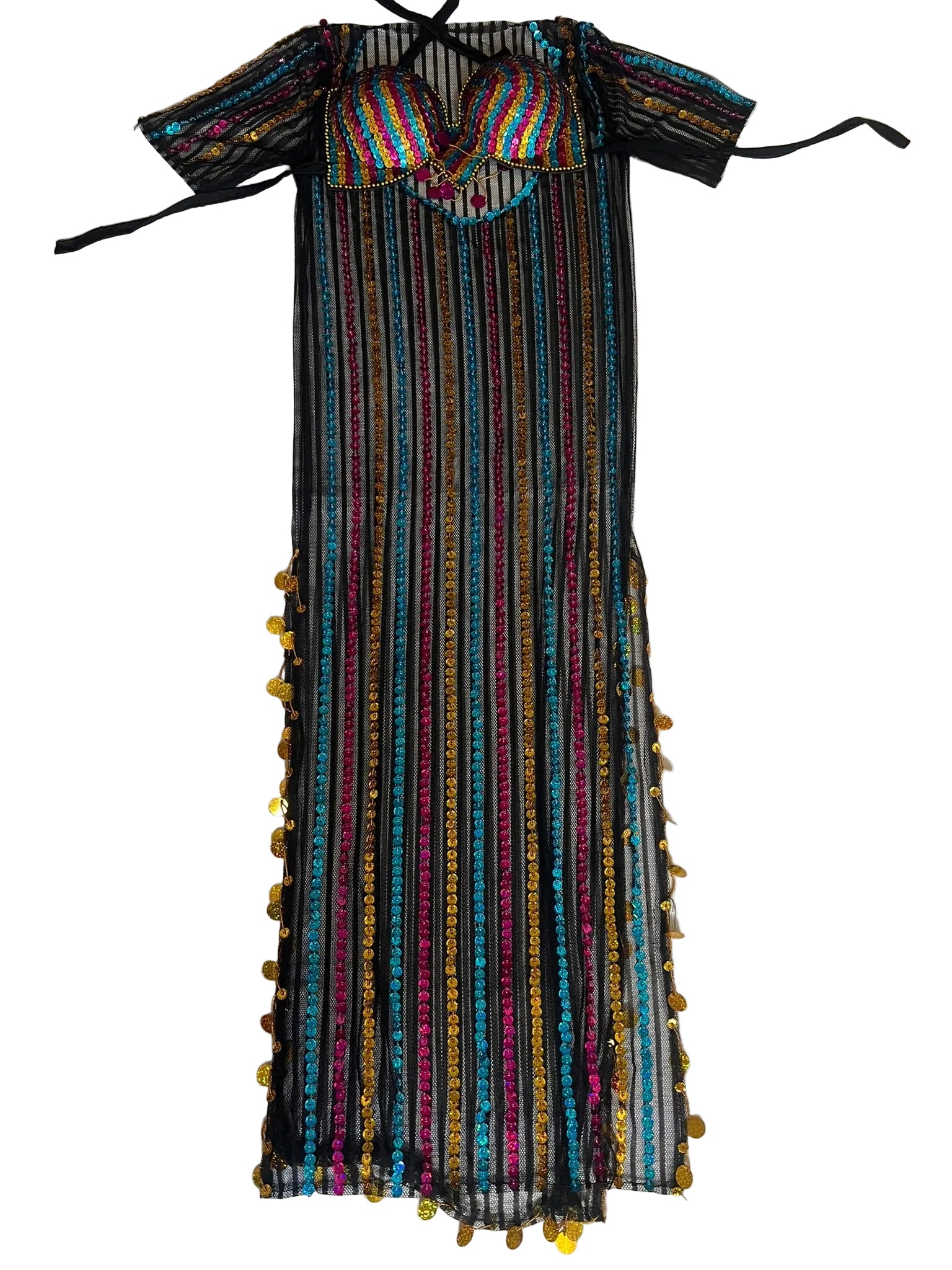 Colorful striped dress with a patterned top on a white fabric background