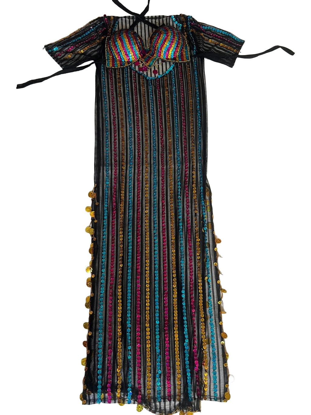 Colorful striped dress with decorative elements on a white surface
