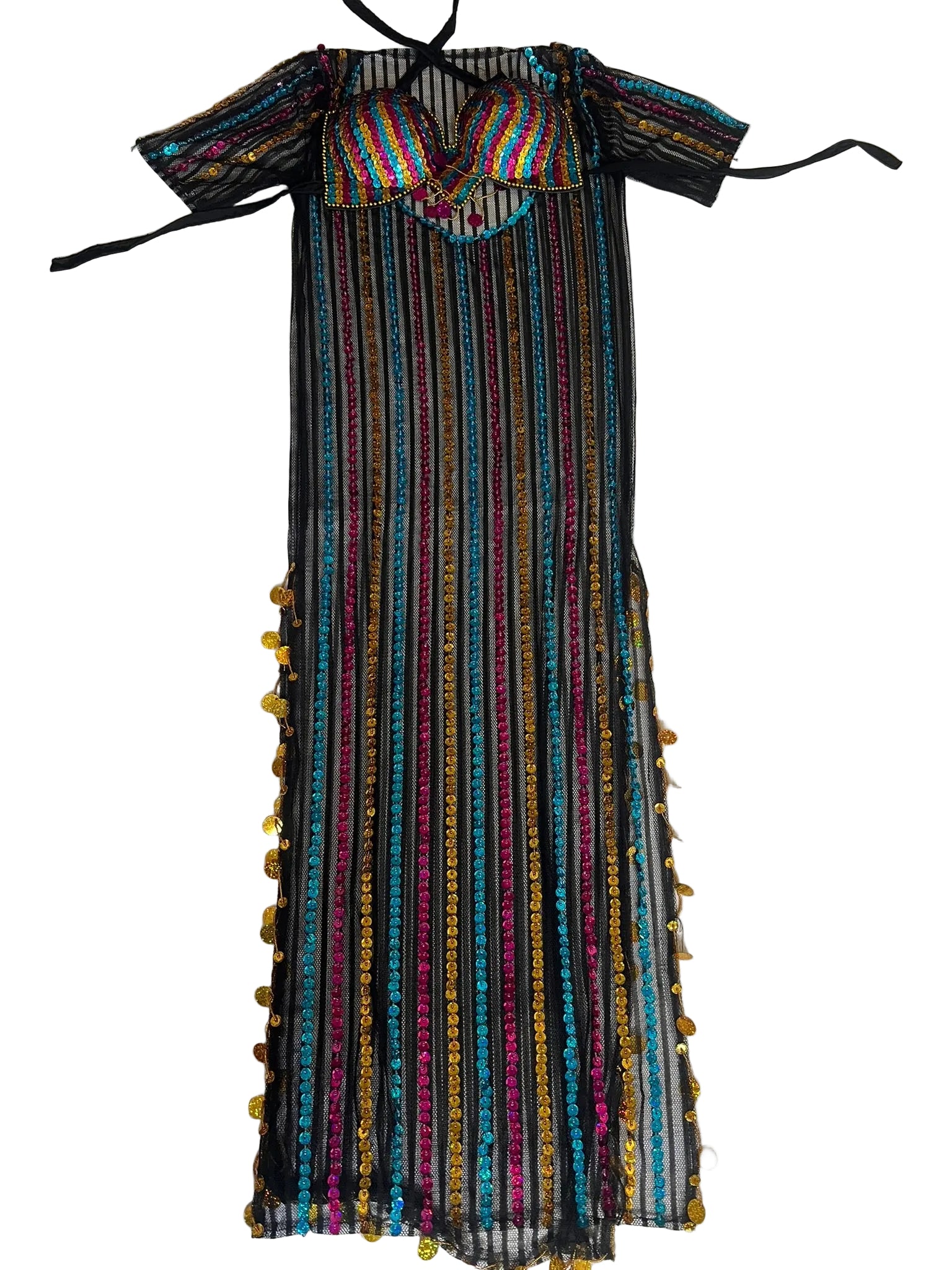 Colorful striped dress with decorative elements on a white surface