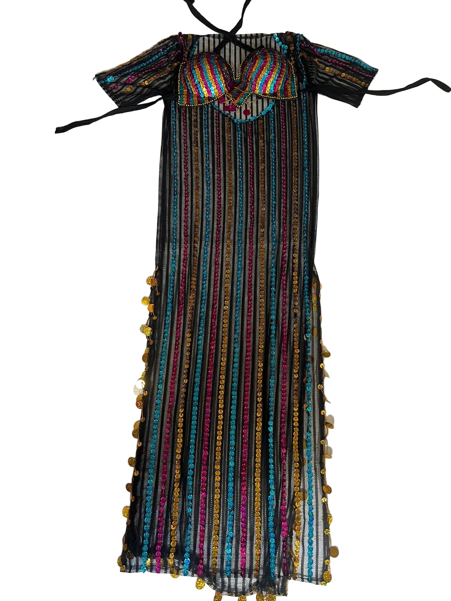 Colorful striped dress with a patterned top on a white surface