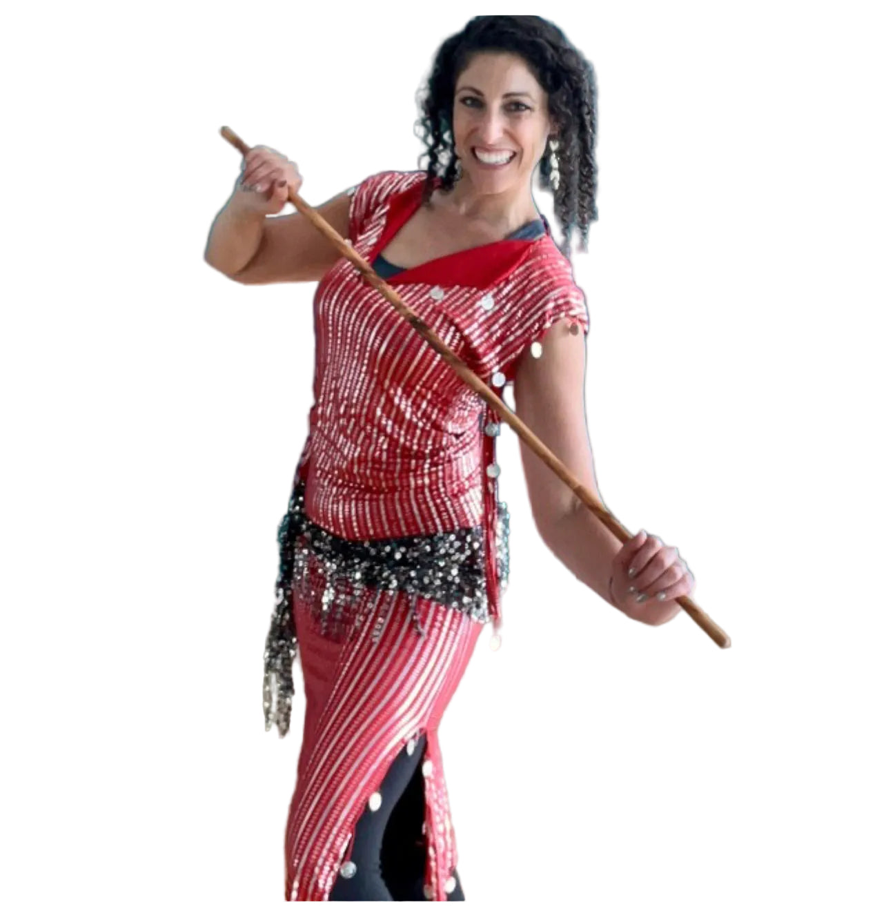 A person wearing a traditional Egyptian Saidi costume, featuring a black and blue striped pattern, commonly known as a Galabia, used for belly dance performances.