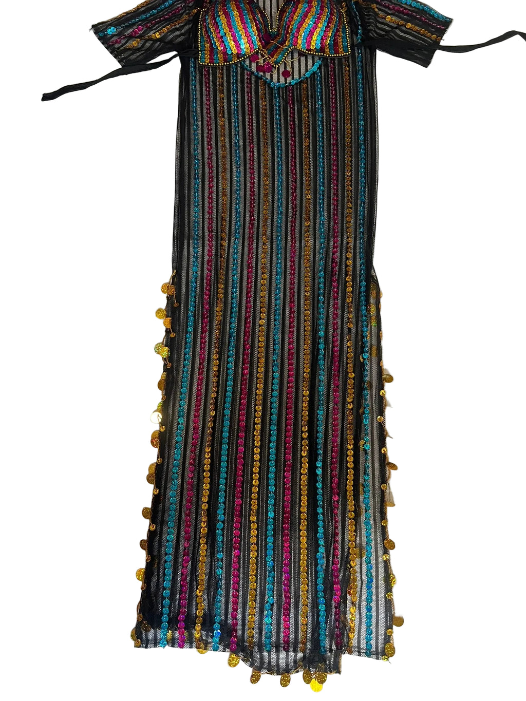 Colorful striped dress with decorative elements on a white background