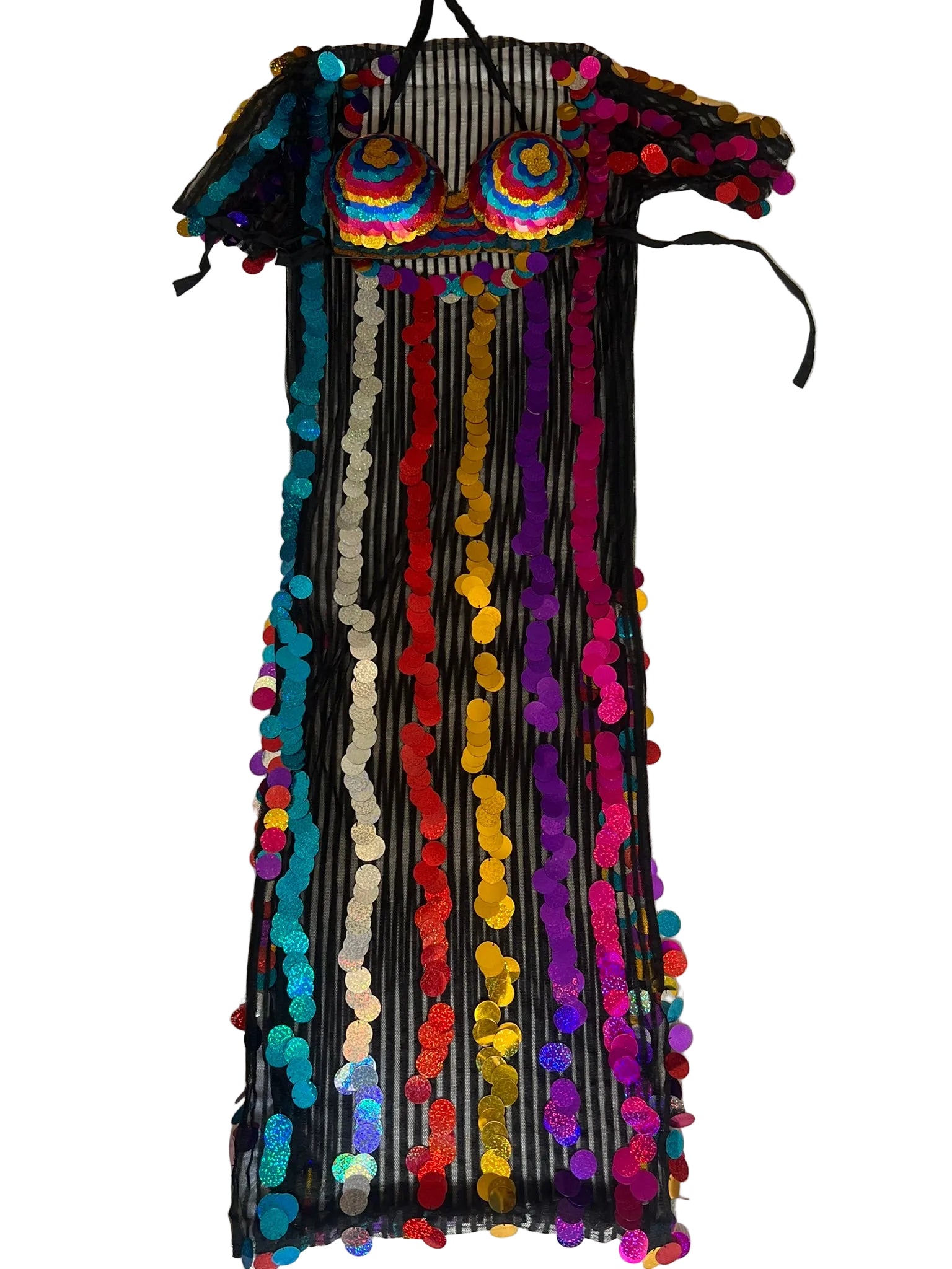 Colorful dress with pom-pom details on a white background
