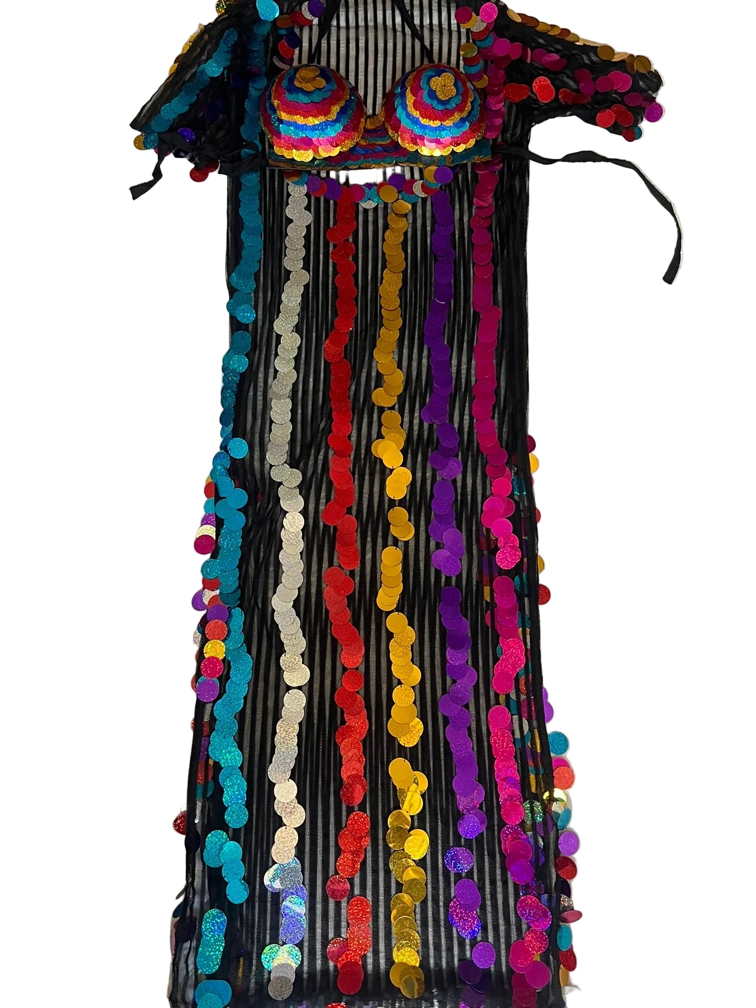 Colorful dress with pom-pom details on a white background