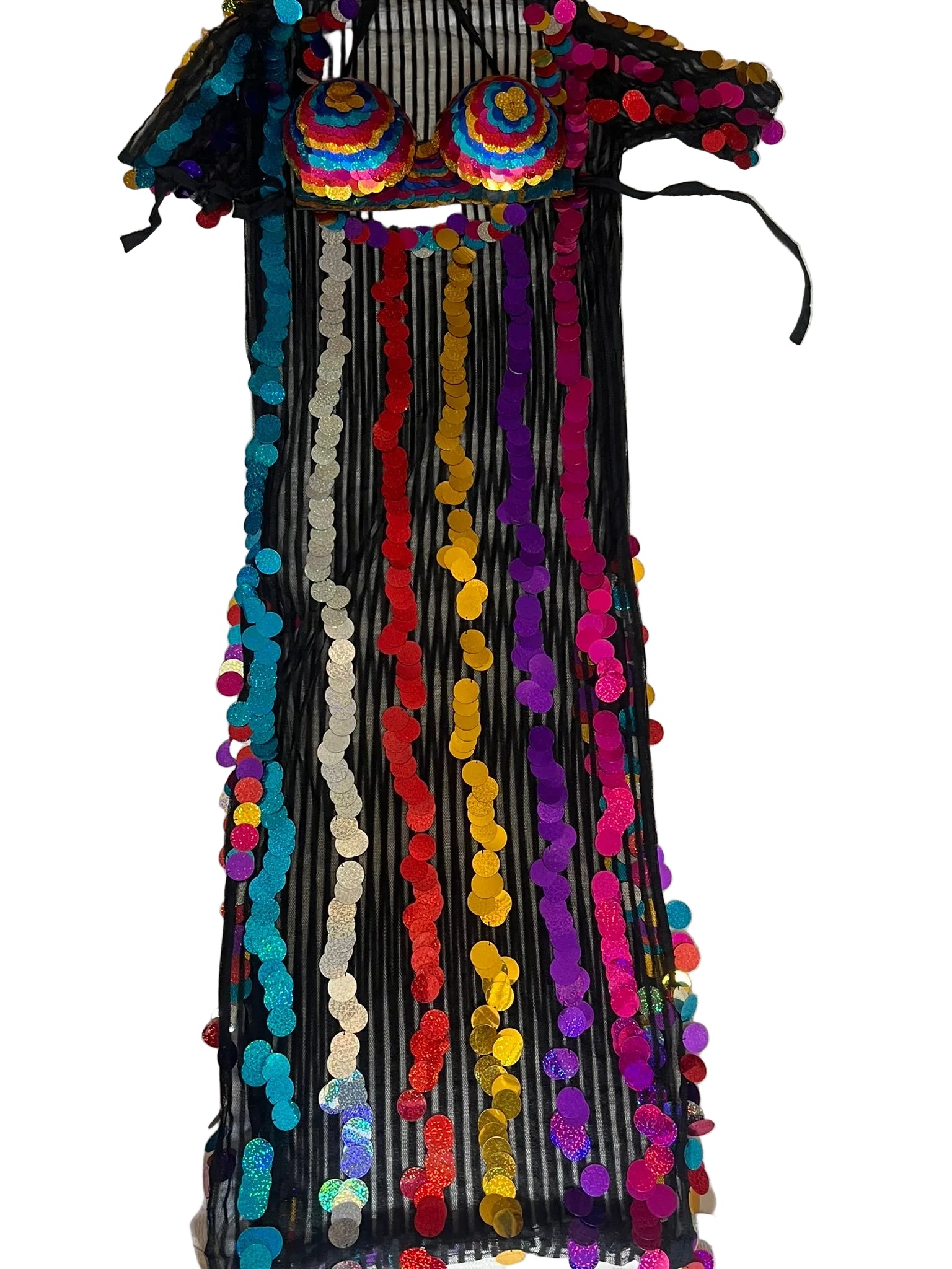 Colorful dress with pom-pom details on a white background