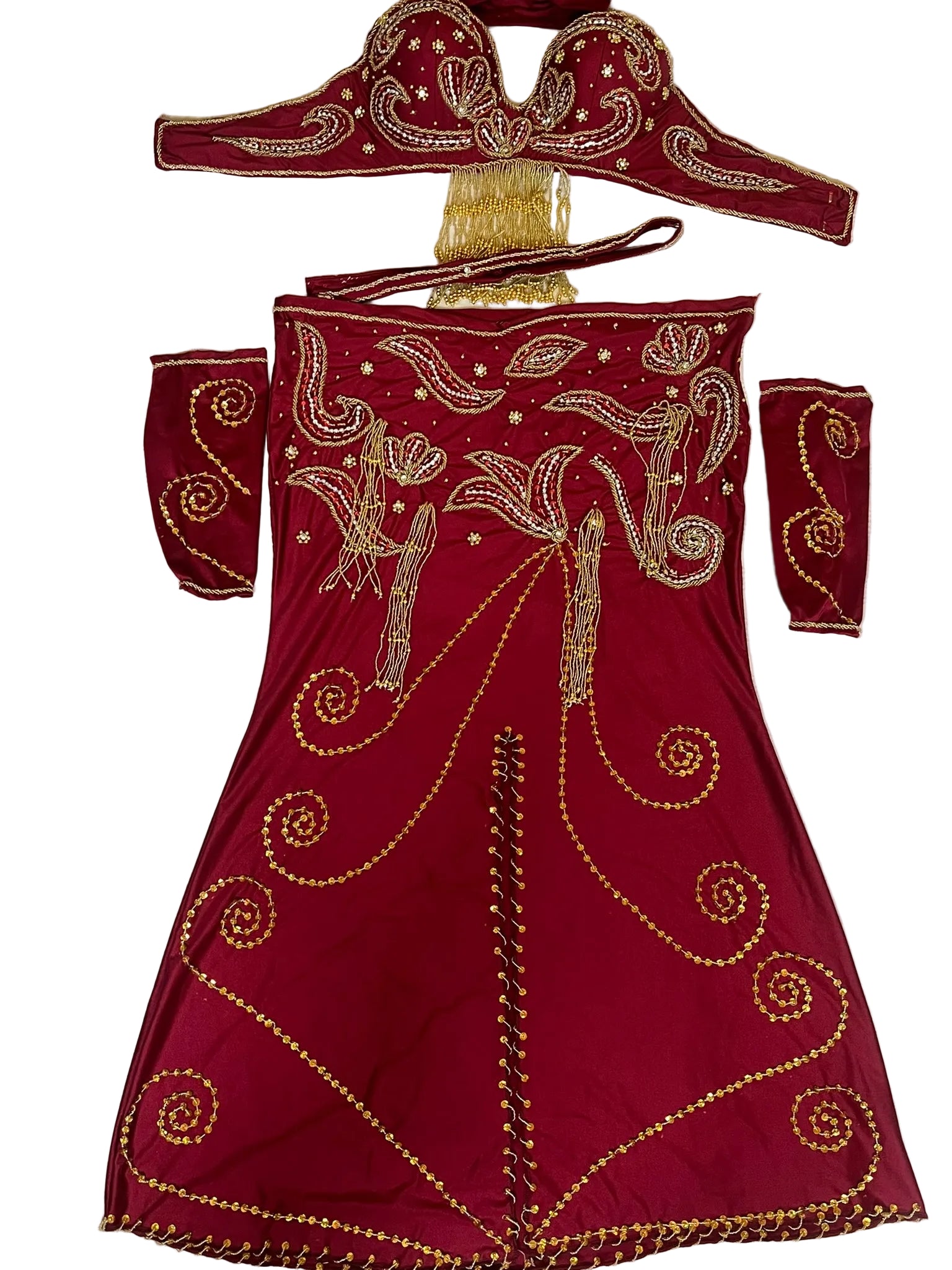 Red embroidered Egyptian Belly dance costume garment with gold details on a white background