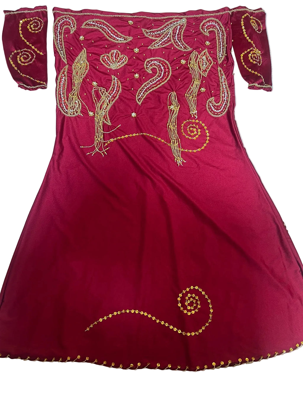 Red Belly dance with gold embroidery on a white background