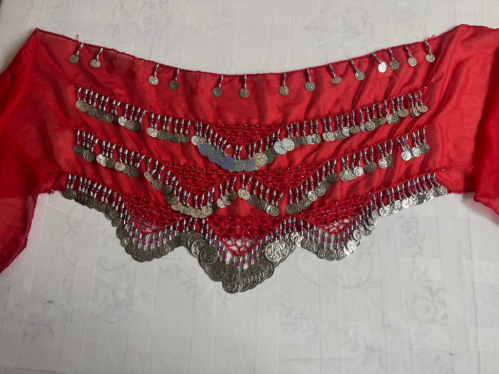 Sexy, heißer, ägyptischer roter handgemachter Bauchtanz-Hüftschal, Tanztuch für Damen, bestickter Tanzgürtel, 150 cm lang, 30 cm breit.