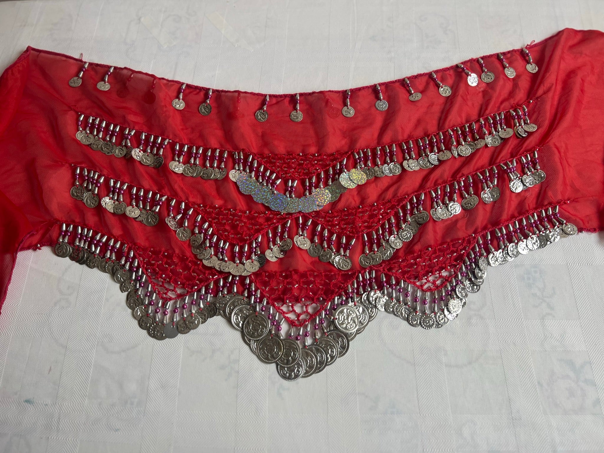Egyptian Sexy Hot red handmade belly dance hip scarf, Women’s dancing wrap, embroidered dance belt 150 cm length, 30 cm width.