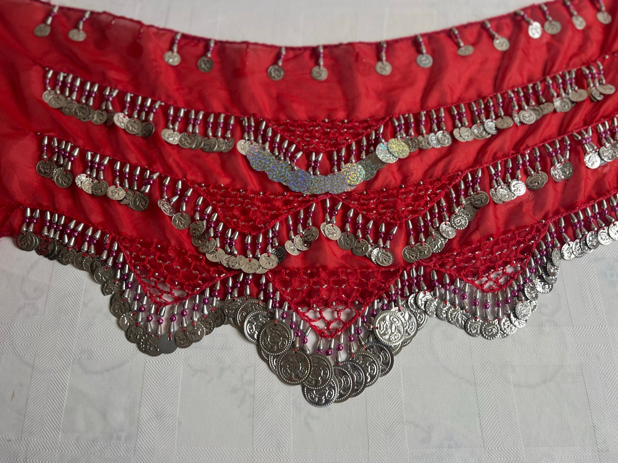 Egyptian Sexy Hot red handmade belly dance hip scarf, Women’s dancing wrap, embroidered dance belt 150 cm length, 30 cm width.