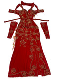 Red embroidered dress with gold patterns on a white background