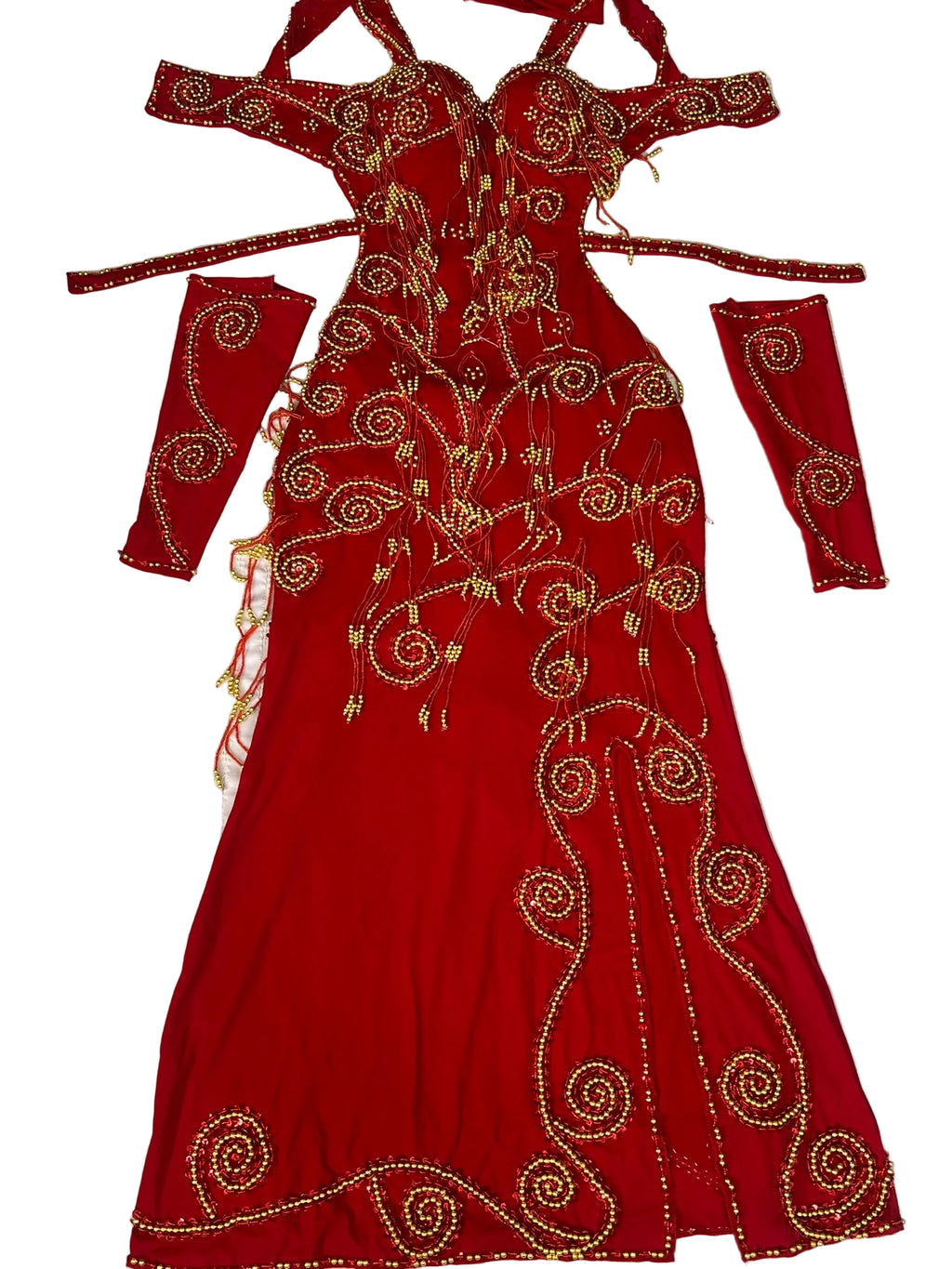 Red embroidered dress on a white background