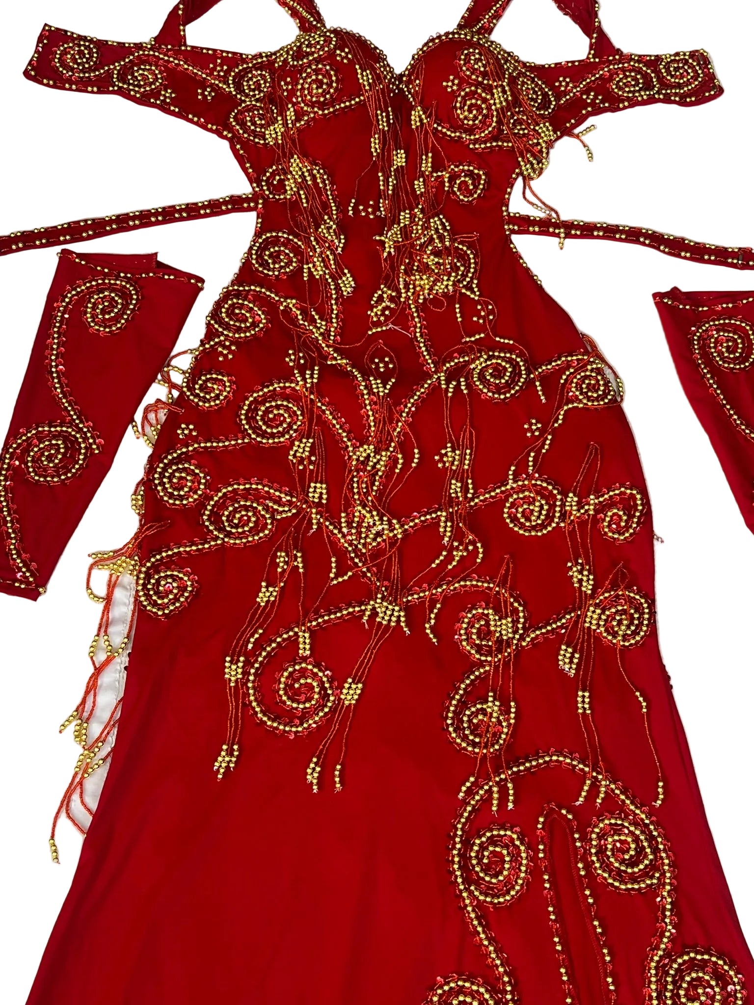 Red garment with gold embroidery on a white background