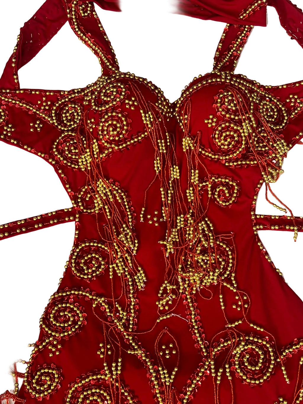 Red garment with gold embroidery on a white background