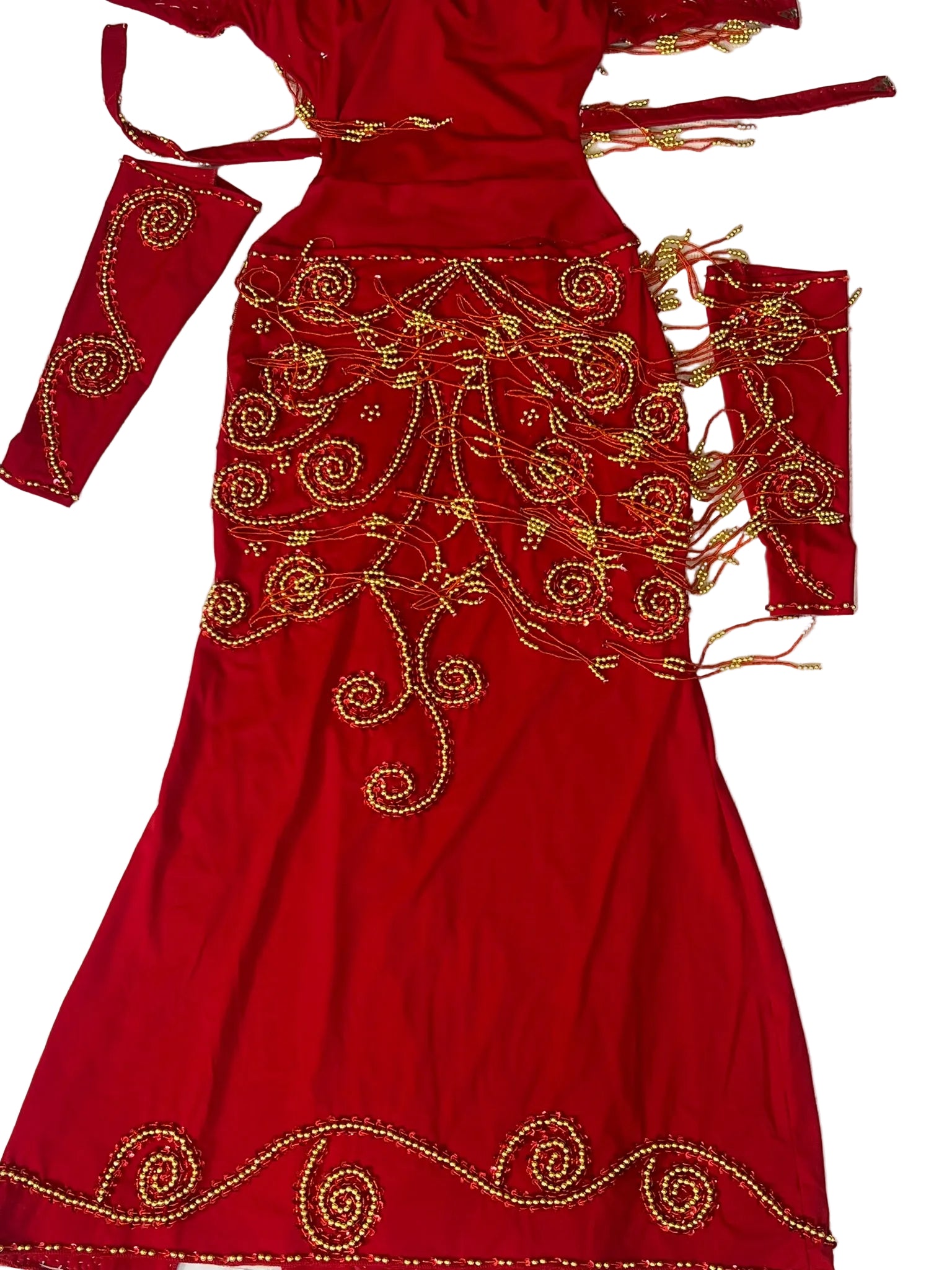 Red traditional outfit with gold embroidery on a light background