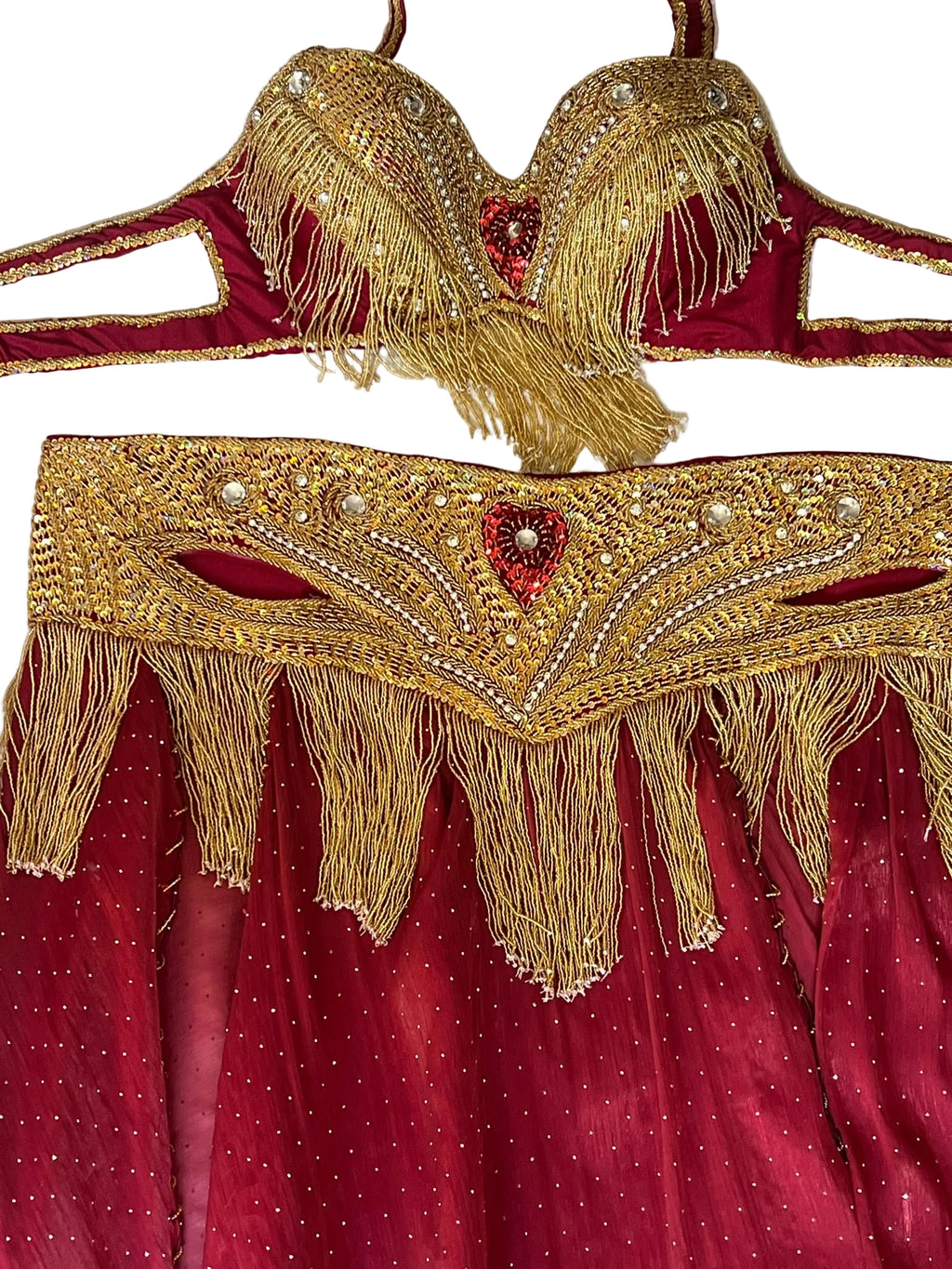 Red belly dance belt and bra costume with gold fringe and decorative elements on a white background