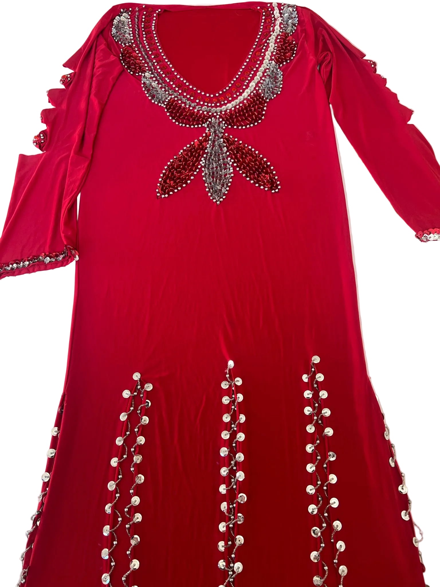 Red dress with intricate silver embroidery on a white background